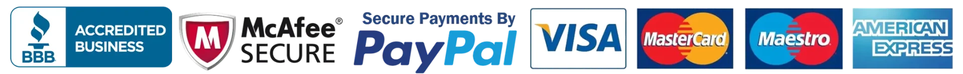 BBB Accredited Business, McAfee Secure, PayPal, Visa, Mastercard, Maestro and American Express